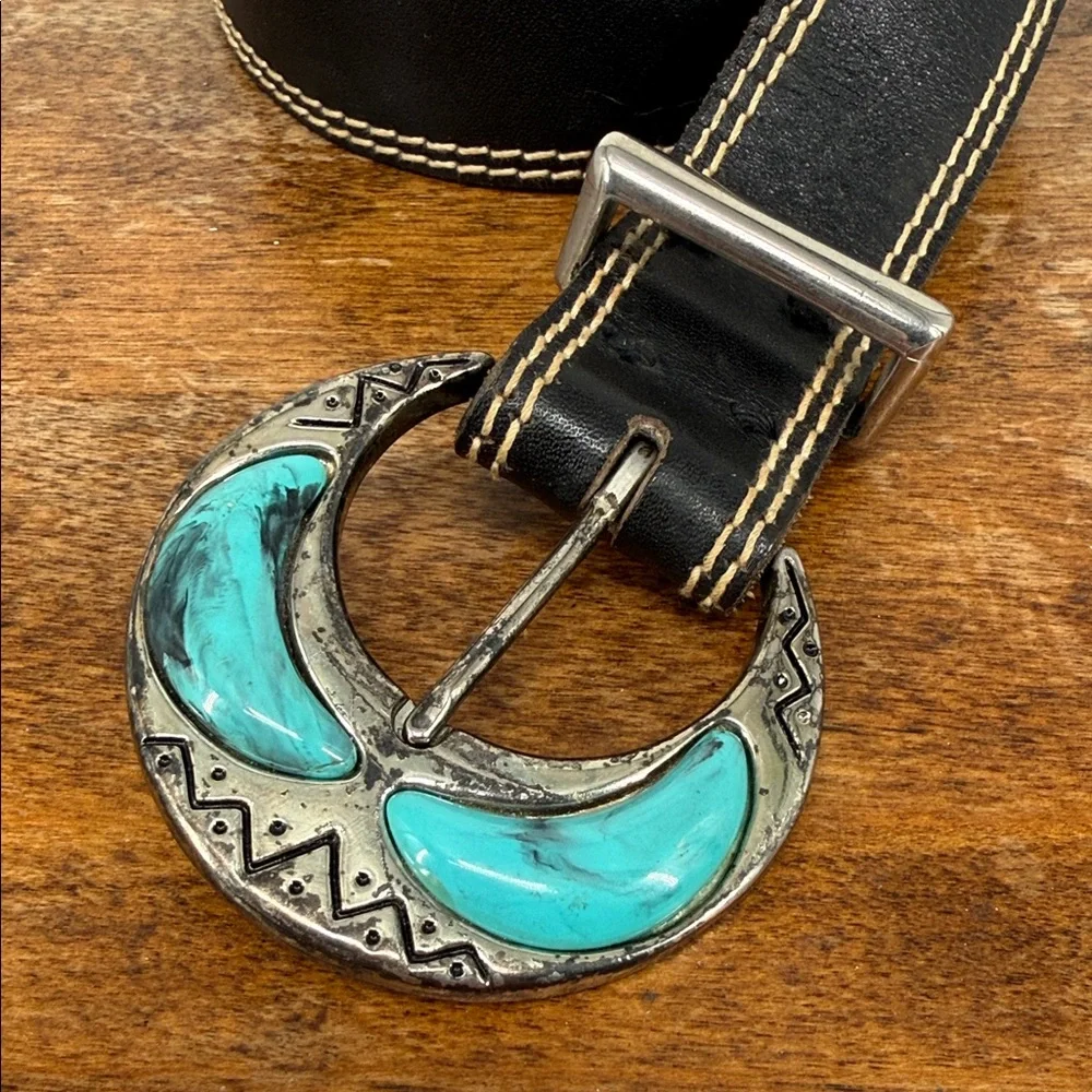 Liz Claiborne Belt Wm Black Leather Turquoise Silver Metal Vintage Boho Western